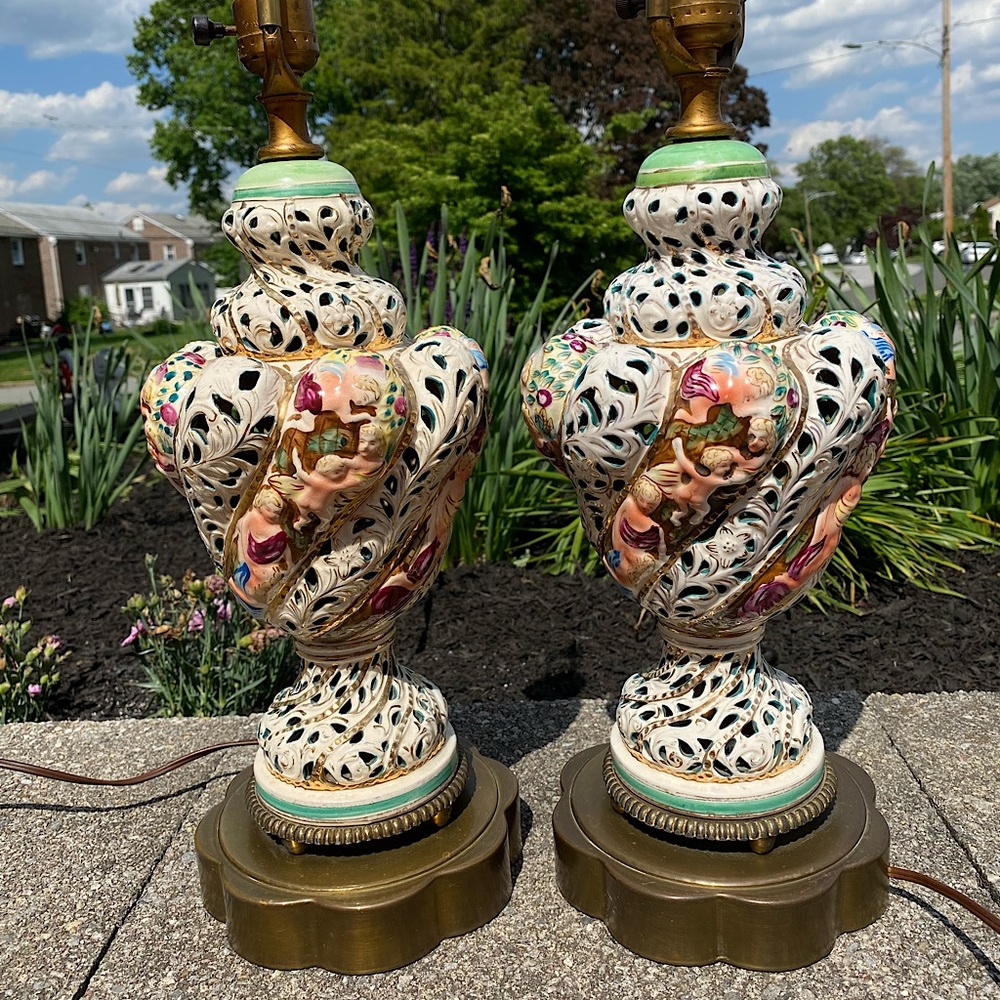 RARE Antique Italian Capodimonte Porcelain Cherub & Floral 34” Lamps - Set of 2